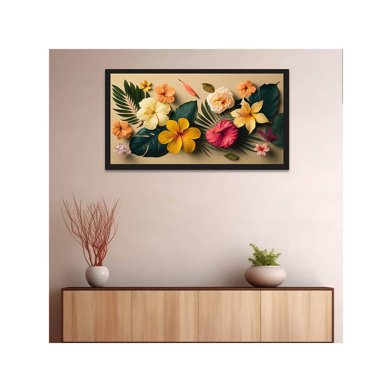 Dekorstation Flower with Hibiscus Leaves Floating Canvas Wall Painting (12x24 inches)