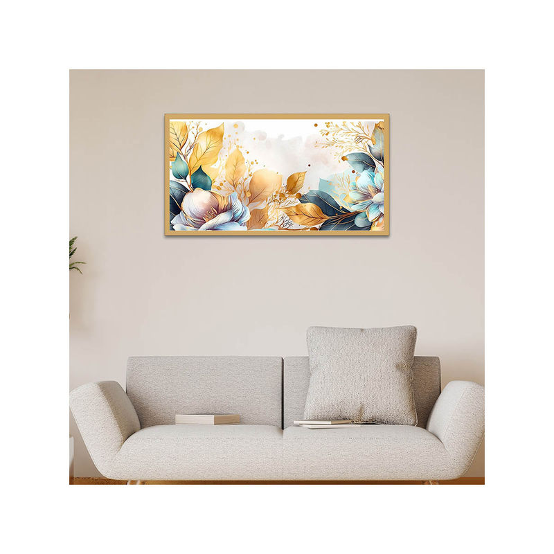 Dekorstation Leaves with Flower Modern Art Print Floating Canvas Wall Painting (12x24 inches)