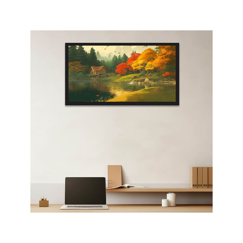 Dekorstation Beautiful Cabin Near River Endwood Forest Canvas Wall Painting (12x24 inches)