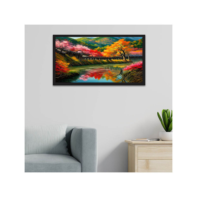 Dekorstation Beautiful Autumn Wooden Bridge River Nature Canvas Wall Painting (12x24 inches)