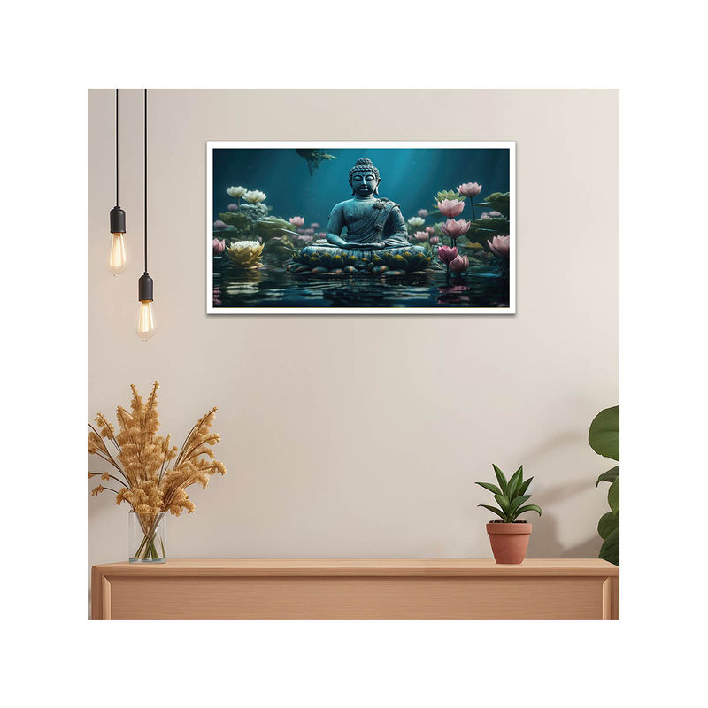 Dekorstation Meditating Budha with Lotus Flowers Canvas Wall Painting (12x24 inches)
