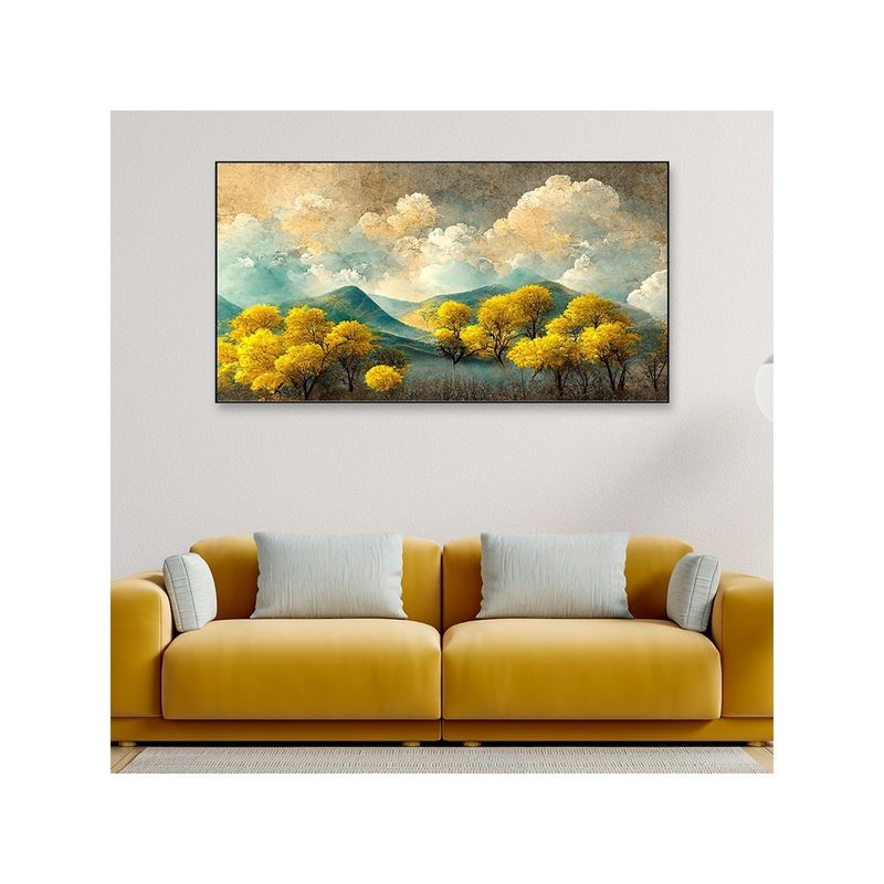 Dekorstation Trees with Golden Flowers Mountains Floating Canvas Wall Painting (12x24 inches)