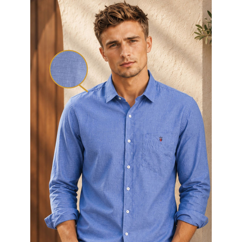 Louis Philippe Mens Blue Textured Premium Easy Care Slim fit Casual Shirt (39)
