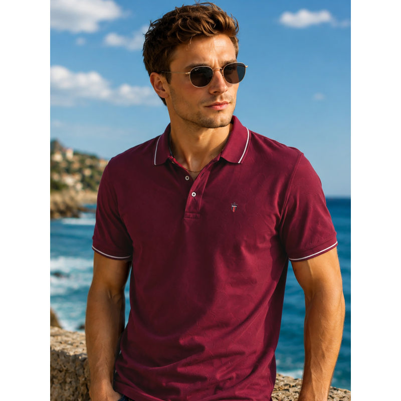 Louis Philippe Men's Wine Polo T-Shirt with Collar Tipping and Branding on Sleeve (2XL)