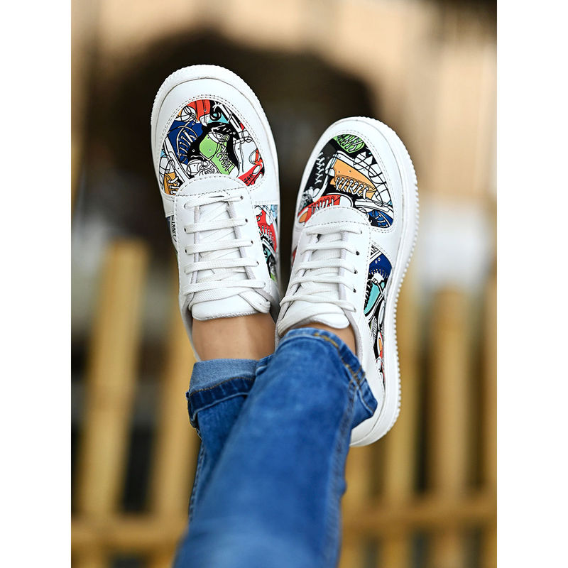 Shoetopia Lace-Up Printed Detail White Sneakers for Women & Girls (EURO 41)
