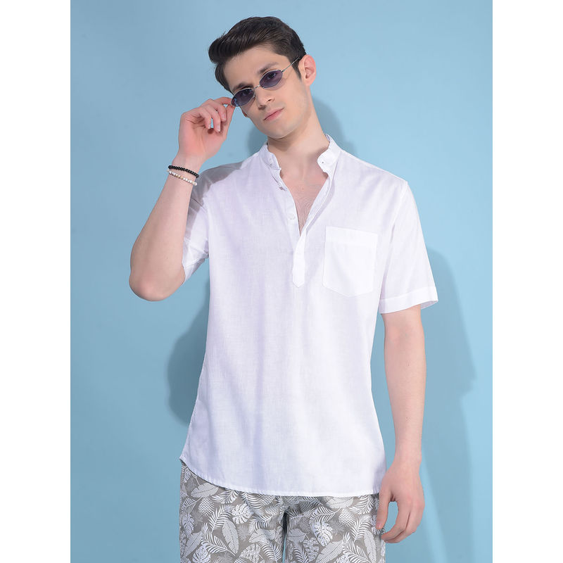 CRIMSOUNE CLUB Mens White Linen Short Kurta (XL)
