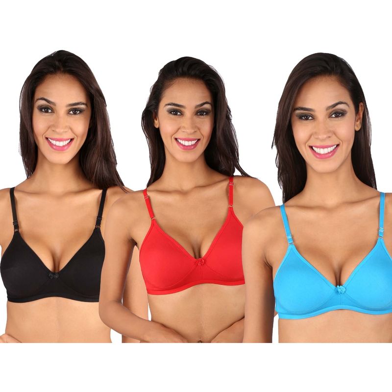Bralux Dolly T-Shirt Bra Black-Red-Firozi Set Of 3 (30B)