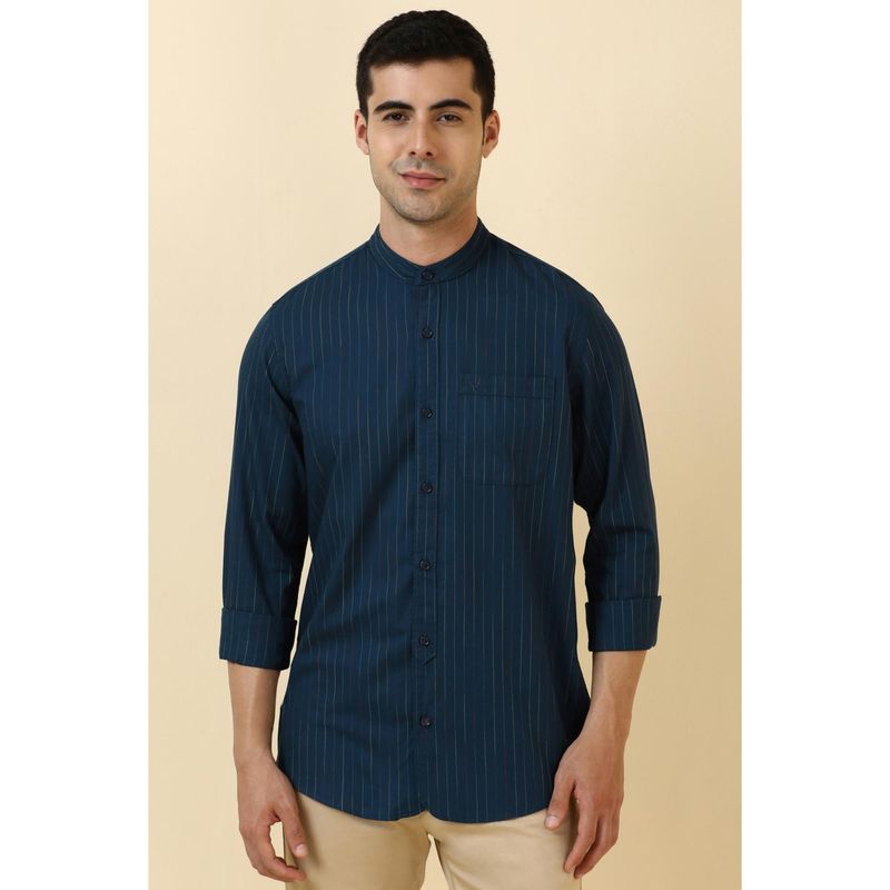 Allen Solly Men Cotton Stripes Mandarin Neck Tailored Fit Navy Blue Shirt (39)