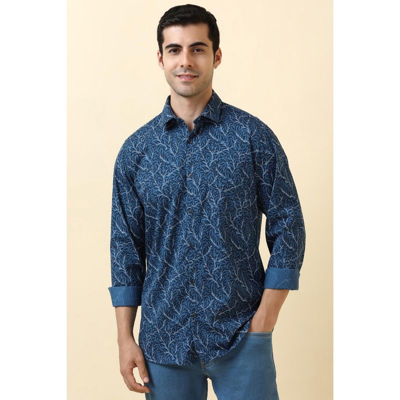Allen Solly Men Cotton Printed Collar Neck Slim Fit Blue Shirt (38)