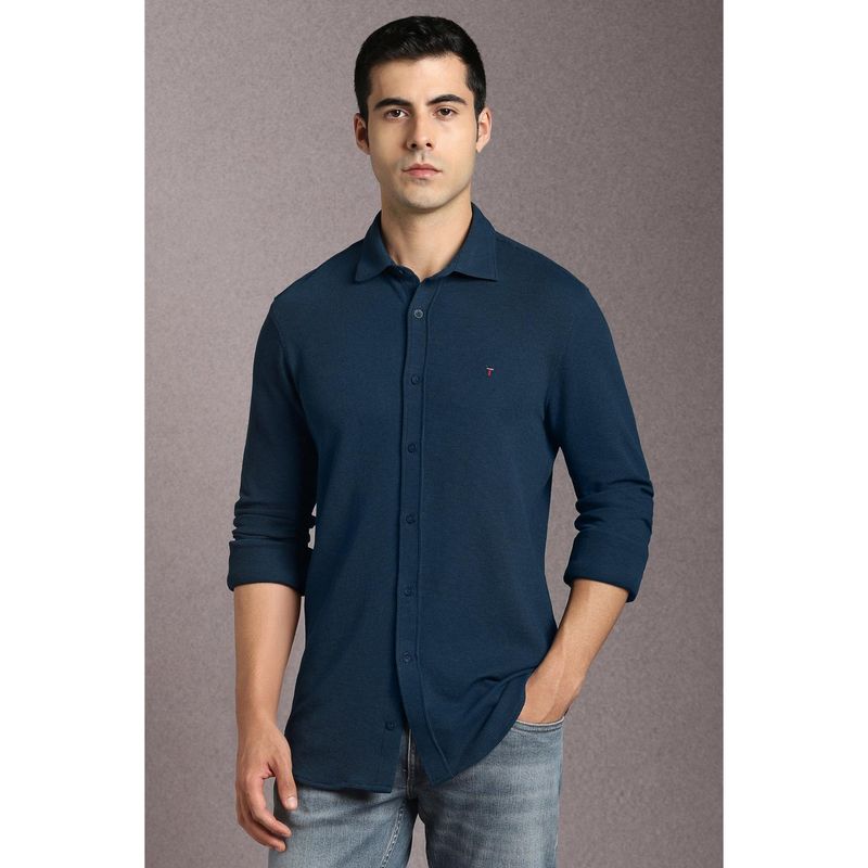 Louis Philippe Men Polyester Blend Textured Collar Neck Slim Fit Navy Blue Shirt (44)