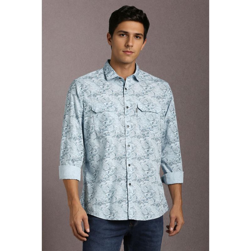 Louis Philippe Men Cotton Printed Collar Neck Slim Fit Blue Shirt (42)