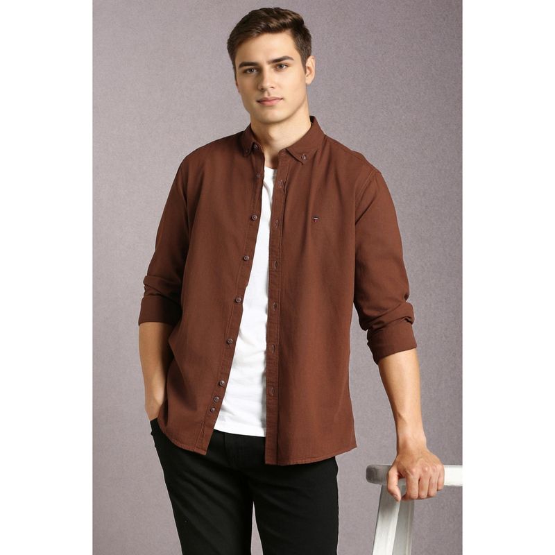 Louis Philippe Men Cotton Textured Collar Neck Slim Fit Brown Shirt (39)