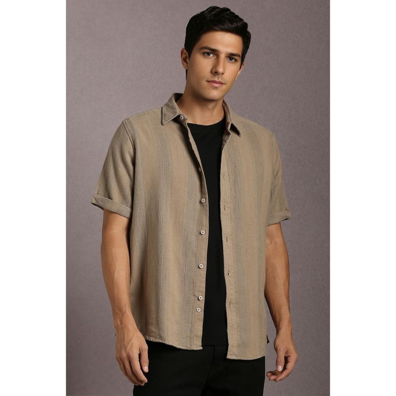 Louis Philippe Men Cotton Textured Collar Neck Slim Fit Brown Shirt (39)