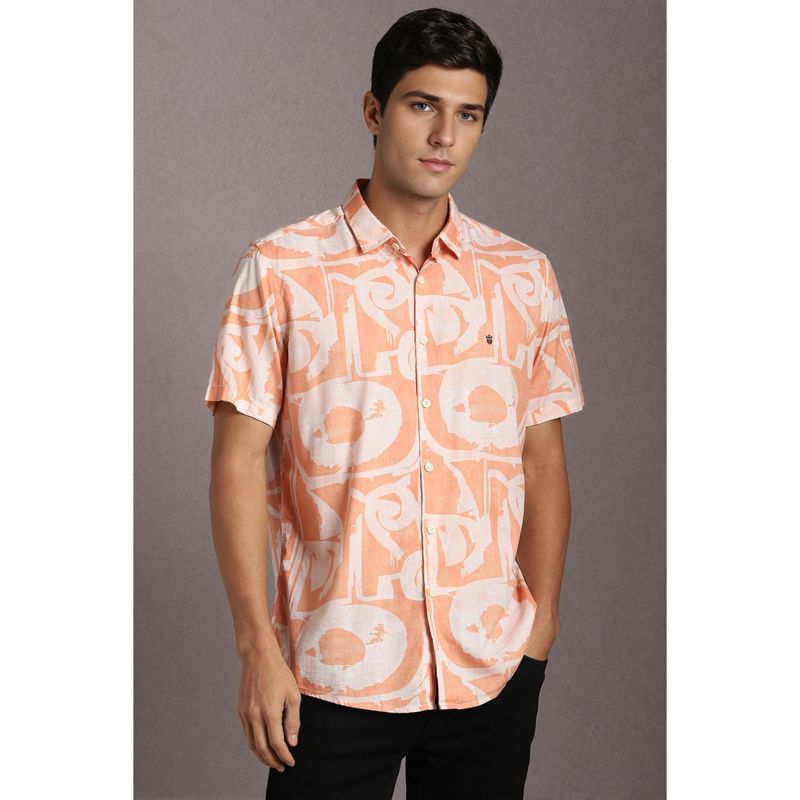 Louis Philippe Men Cotton Blend Printed Collar Neck Slim Fit Peach Shirt (38)