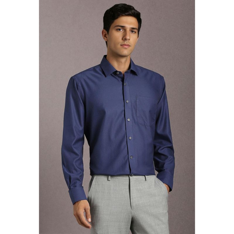 Louis Philippe Men Cotton Textured Collar Neck Regular Fit Navy Blue Shirt (42)