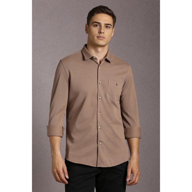 Louis Philippe Men Cotton Textured Collar Neck Slim Fit Brown Shirt (39)
