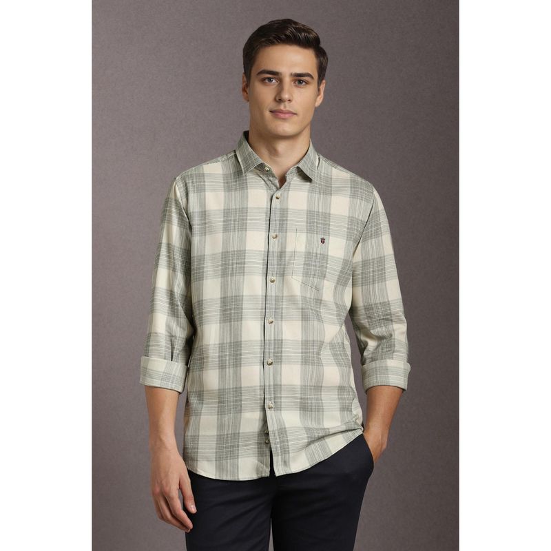 Louis Philippe Men Cotton Checks Collar Neck Slim Fit Beige Shirt (42)