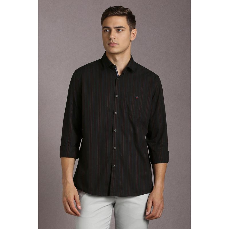 Louis Philippe Men Cotton Stripes Collar Neck Slim Fit Black Shirt (42)