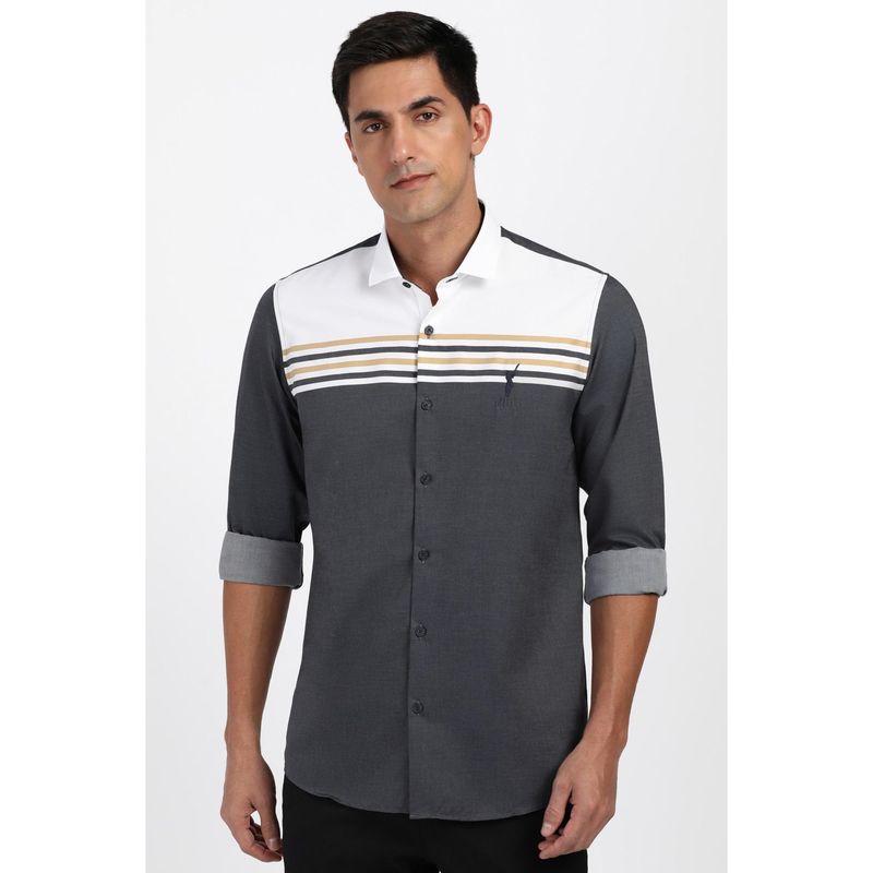 Peter England Men Cotton Stripes Collar Neck Slim Fit Grey Shirt (44)