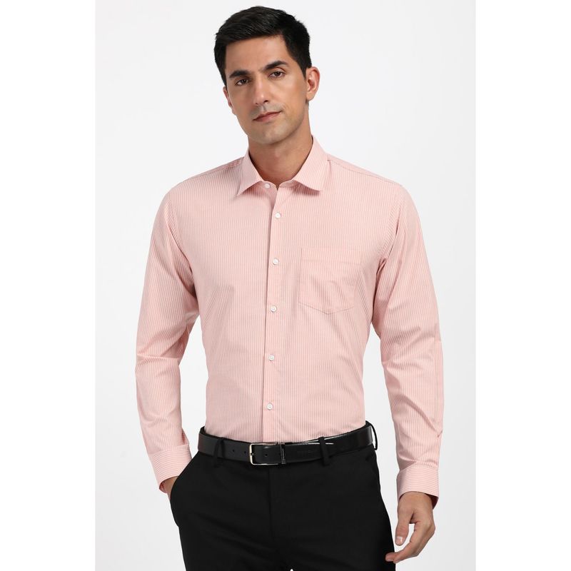 Peter England Men Cotton Blend Stripes Collar Neck Regular Fit Peach Shirt (46)