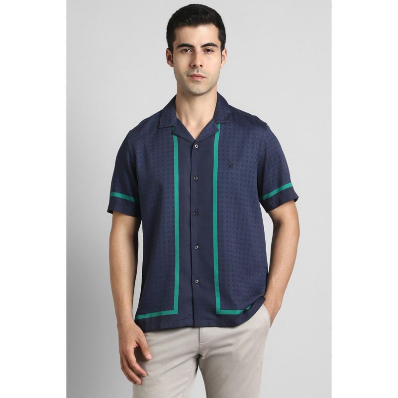 Simon Carter Men Cotton Blend Printed Collar Neck Regular Fit Navy Blue Shirt (39)