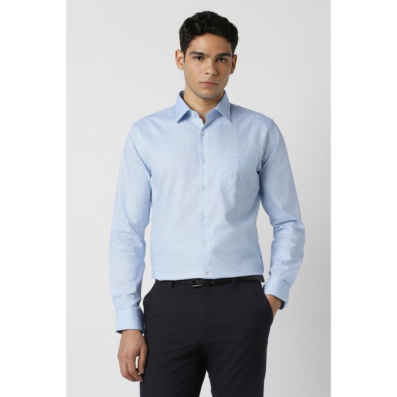 Van Heusen Men Cotton Checks Collar Neck Slim Fit Blue Shirt (39)