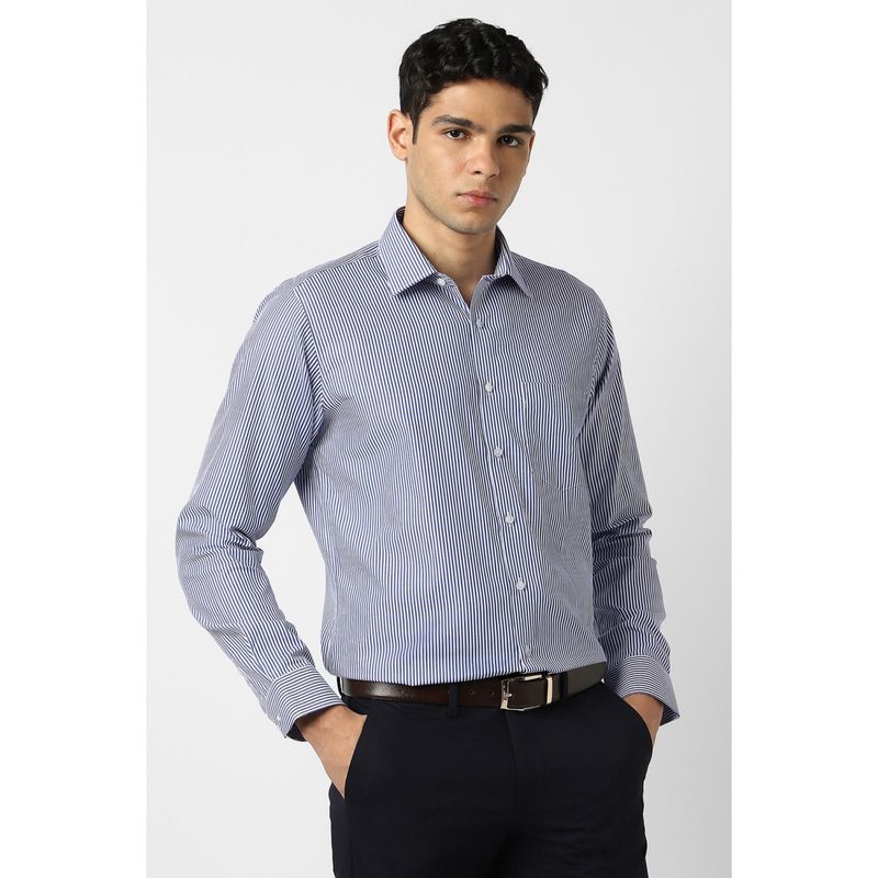 Van Heusen Men Cotton Stripes Collar Neck Slim Fit Blue Shirt (44)