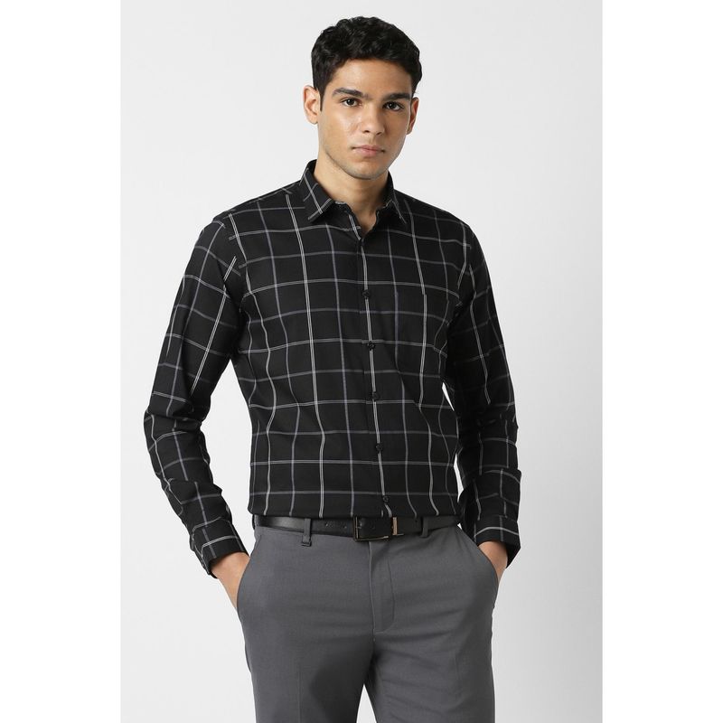 Van Heusen Men Cotton Blend Checks Collar Neck Slim Fit Black Shirt (42)