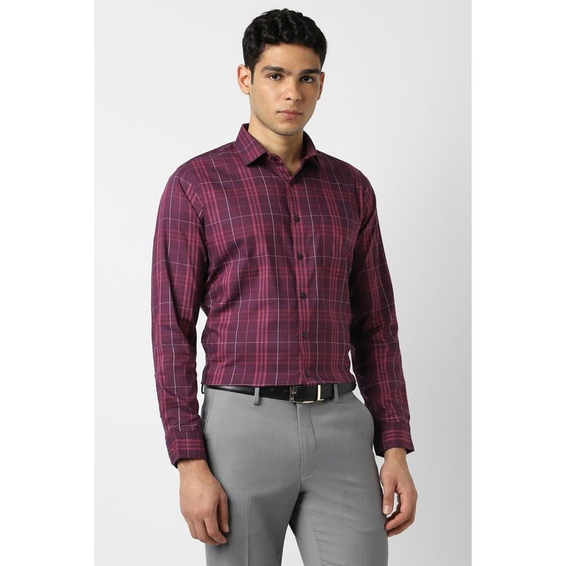 Van Heusen Men Cotton Blend Checks Collar Neck Slim Fit Maroon Shirt (44)