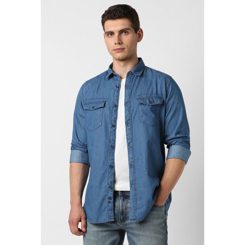 Van Heusen Men Cotton Solid Collar Neck Slim Fit Blue Shirt (39)