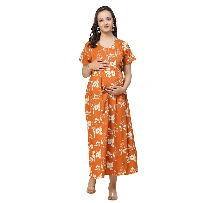 Sweet Dreams Women Floral Print Half Sleeves Maternity Nightdress - Orange (XL)