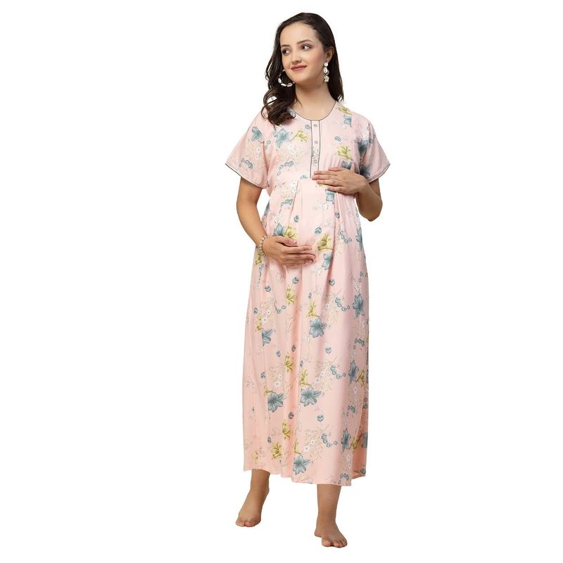 Sweet Dreams Women Floral Print Half Sleeves Maternity Nightdress - Pink (XL)