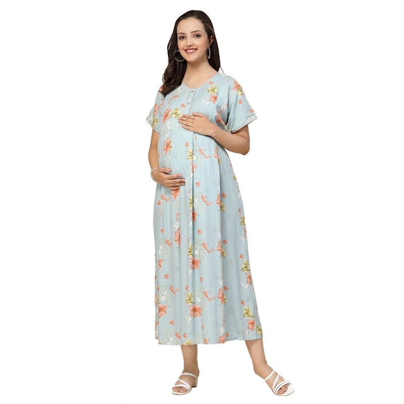 Sweet Dreams Women Floral Print Half Sleeves Maternity Nightdress - Blue (XL)