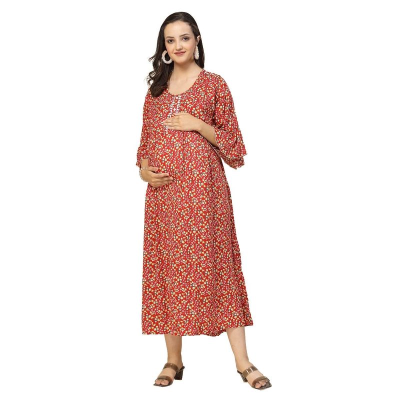 Sweet Dreams Women Floral Print Half Sleeves Maternity Nightdress - Red (XL)