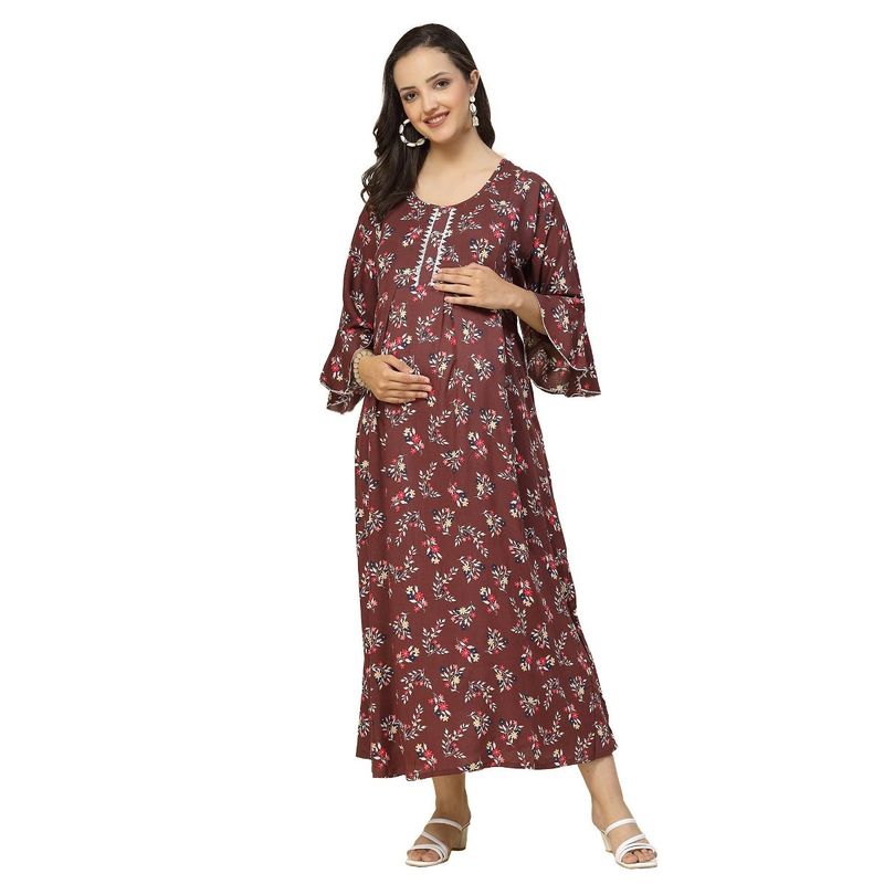 Sweet Dreams Women Floral Print Half Sleeves Maternity Nightdress - Brown (L)