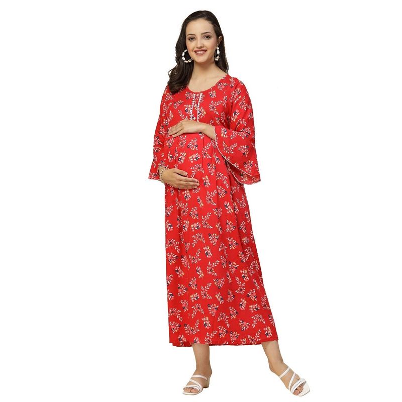 Sweet Dreams Women Floral Print Half Sleeves Maternity Nightdress - Red (L)