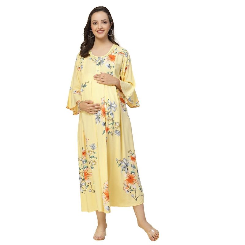Sweet Dreams Women Floral Print Half Sleeves Maternity Nightdress - Yellow (L)