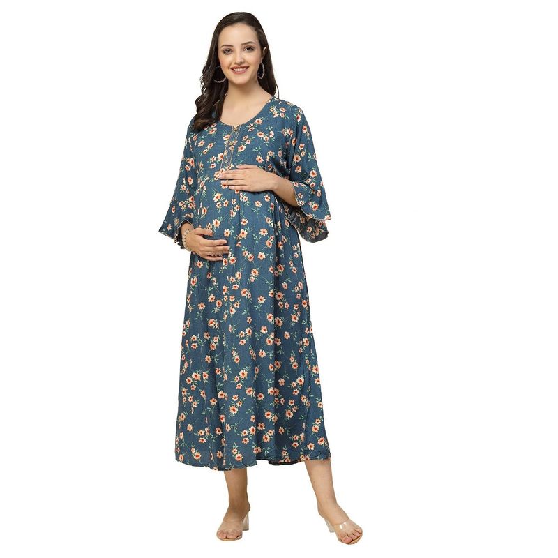 Sweet Dreams Women Floral Print Half Sleeves Maternity Nightdress - Blue (XL)