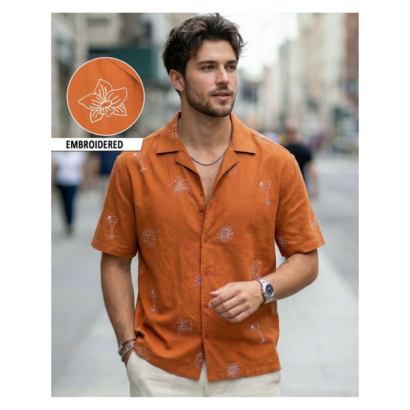 Bewakoof Men Rust Orange Embroidered Oversized Shirt (M)