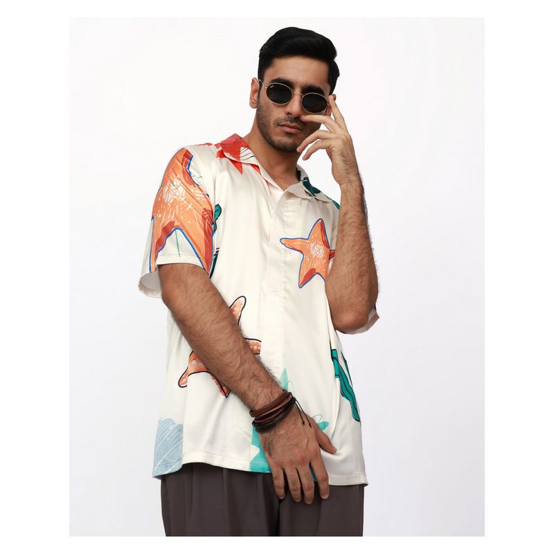 CLUBHAVANA Cream Starfish Symphony Premium Soft Satin Shirt (S)