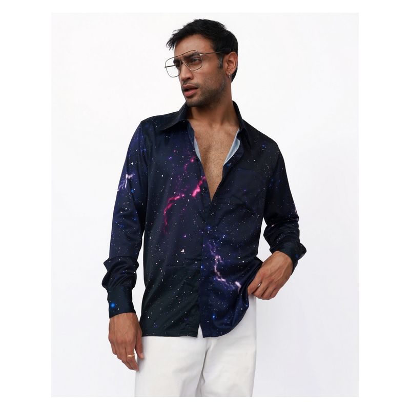 CLUBHAVANA Navy Blue Skyline Dreamscape Premium Soft Satin Shirt (S)