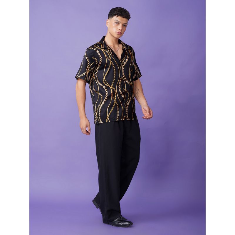 CLUBHAVANA Men Black Chain Luxe Satin Graphic Printed Shirt (S)