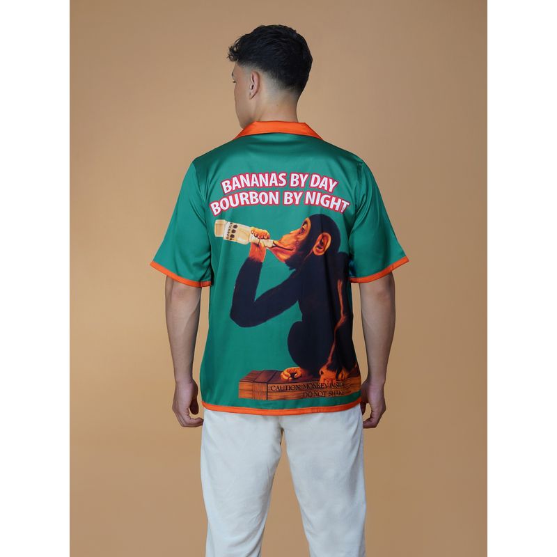 CLUBHAVANA Men Green Midnight Mischief Satin Graphic Printed Shirt (S)