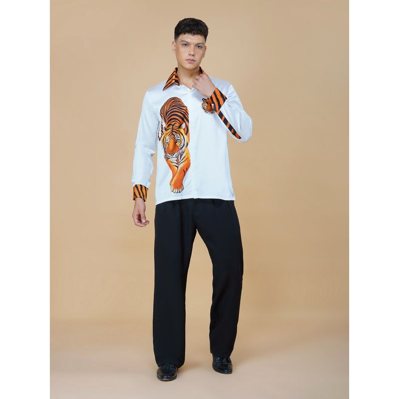 CLUBHAVANA Men White Feral Luxe Satin Graphic Printed Shirt (S)