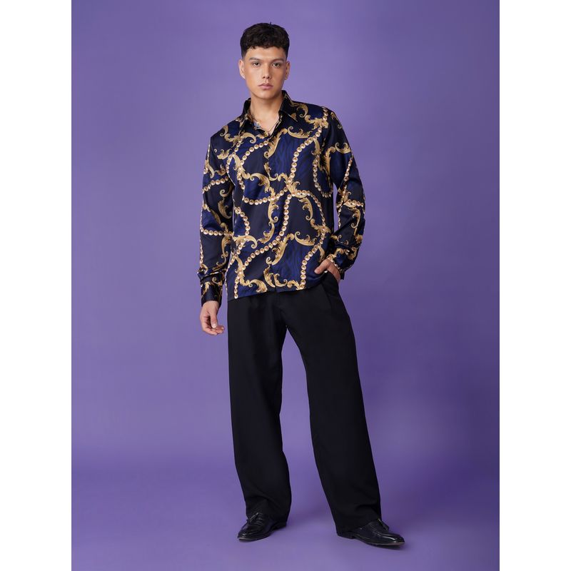 CLUBHAVANA Men Blue Baroque Royale Satin Graphic Printed Shirt (S)