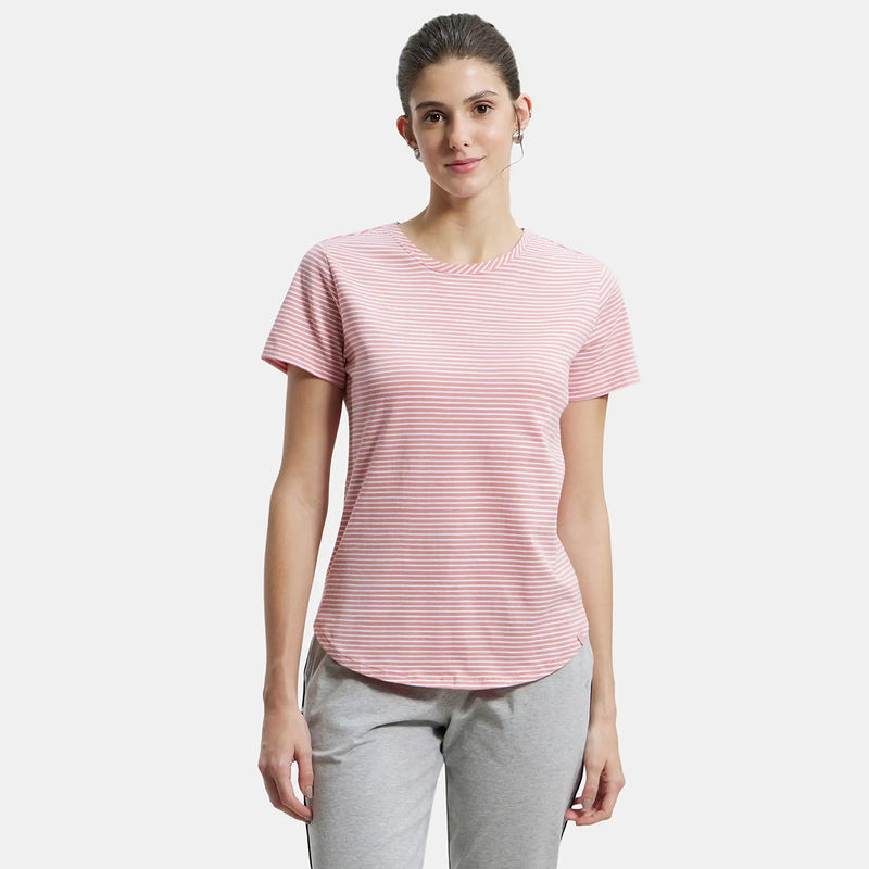 Jockey A121 Womens Cotton Stripe Fabric Relaxed Fit T-Shirt - Brandied Apricot (S)