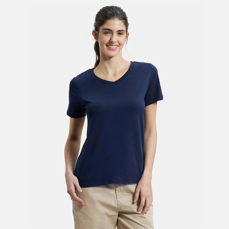 Jockey AW89 Womens Cotton Rich Relaxed Fit V-Neck T-Shirt - Navy Blazer (M)