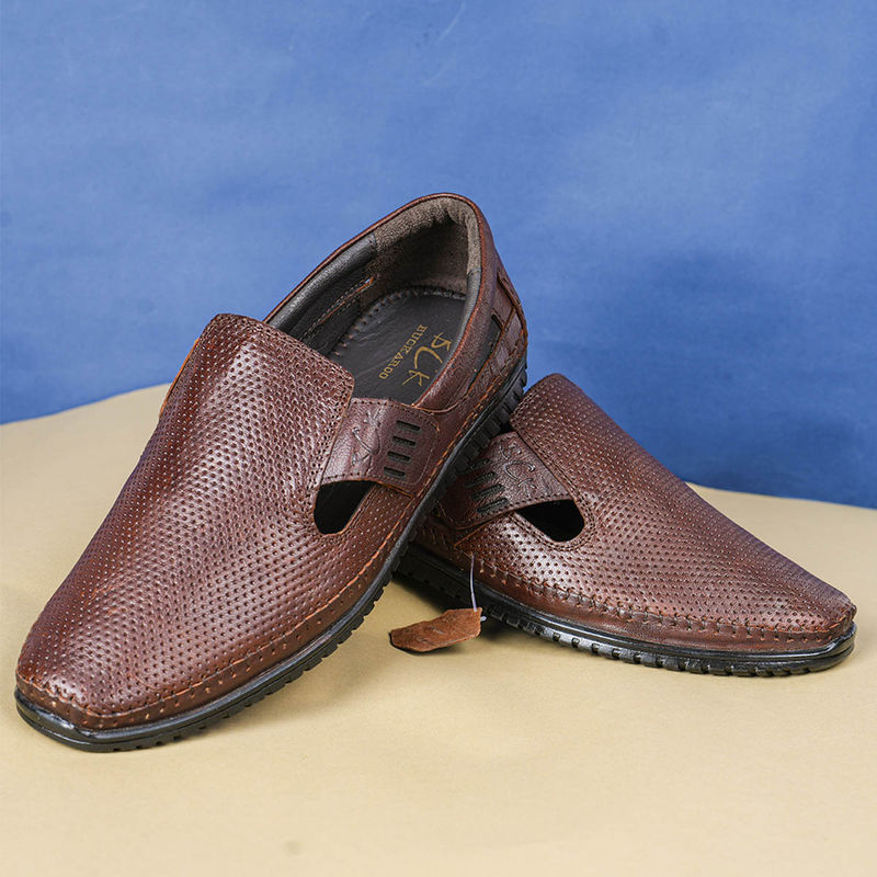 BUCKAROO JEF Full Grain Natural Leather Casual Open Sandals Tan (UK 6)