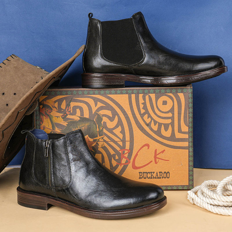 BUCKAROO Artek Full Grain Natural Leather Black Chelsea Boots (EURO 43)