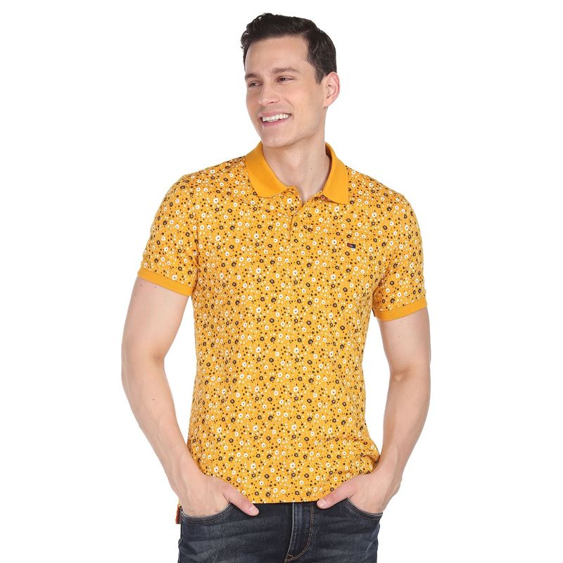 AD By Arvind Men Yellow Cotton Floral Print Polo Shirt (S)
